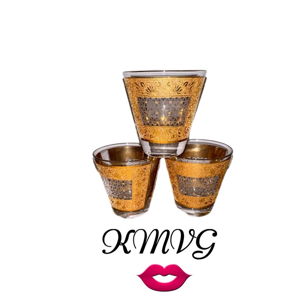 Vintage Mid Century Gold Etched Cordial Glasses Pasinski (Set of 3) MCM